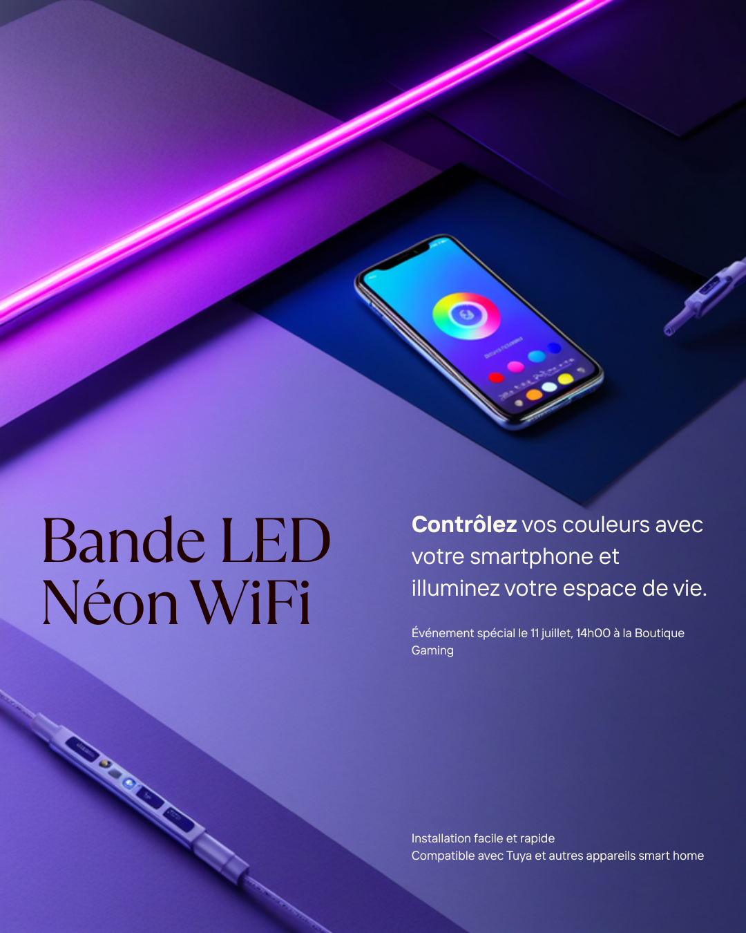 Bande LED néon RGB WiFi - contrôle via app, compatible Tuya
