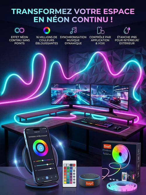 Bande LED néon RGB installée autour d'un bureau gaming