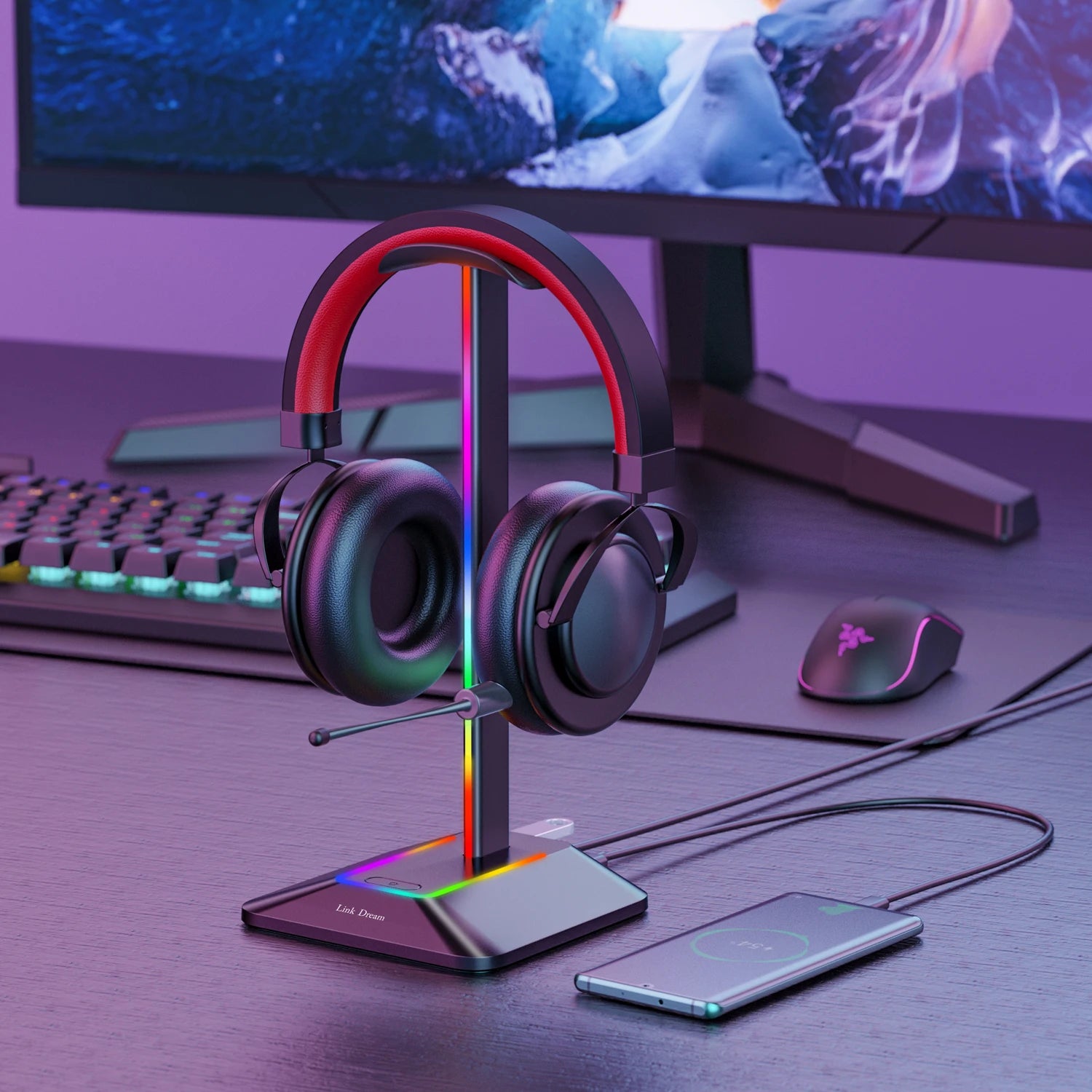 Support casque gaming RGB à base lumineuse sur un bureau