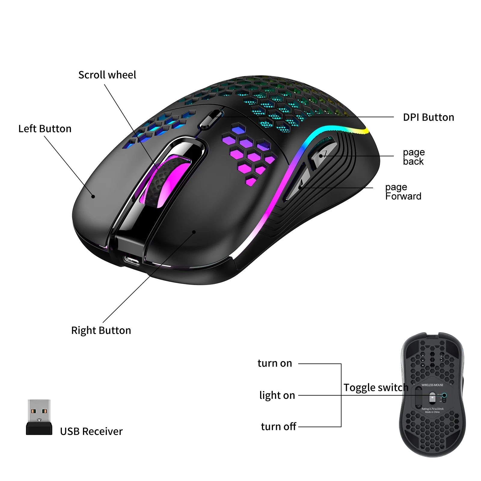 Souris Gaming Sans Fil RGB - Coque Nid d'Abeille Ultra Légère