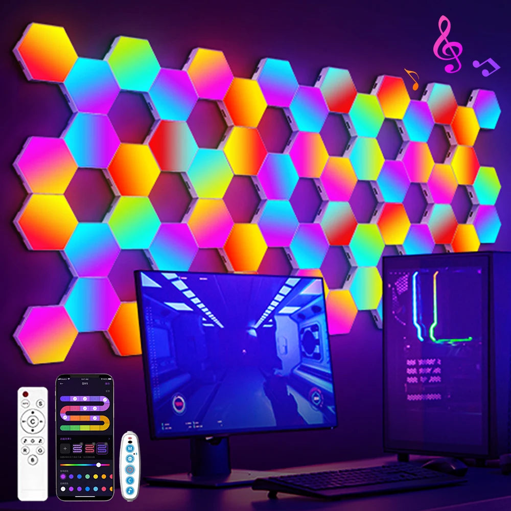 Panneaux LED hexagonaux RGB montés sur un mur de setup gaming